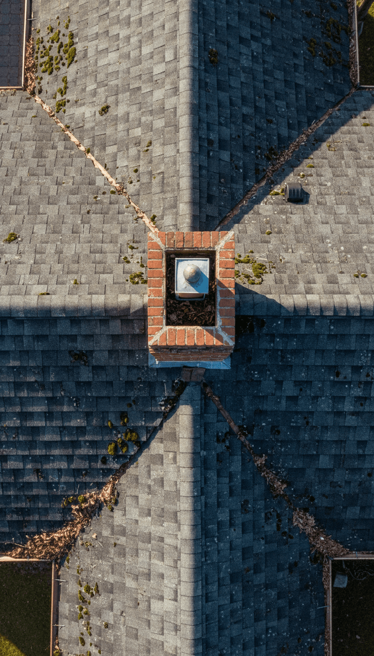 Aerial view of roof showing chimney and gutters