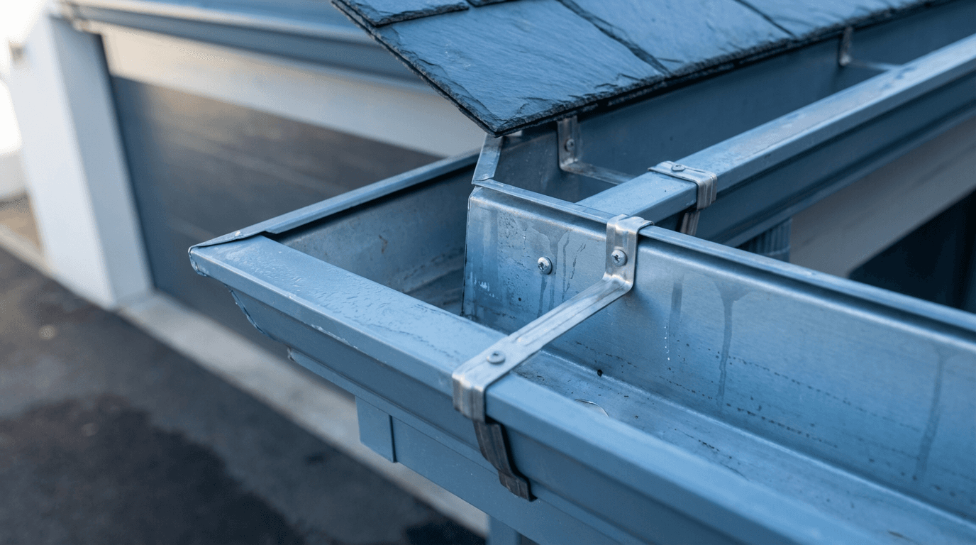 Detailed drone view of roof and gutter assessment