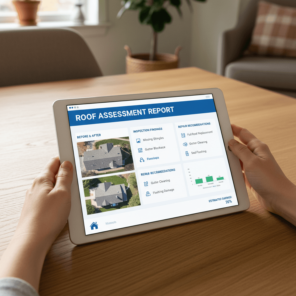 Detailed aerial view of roof inspection results on professional display