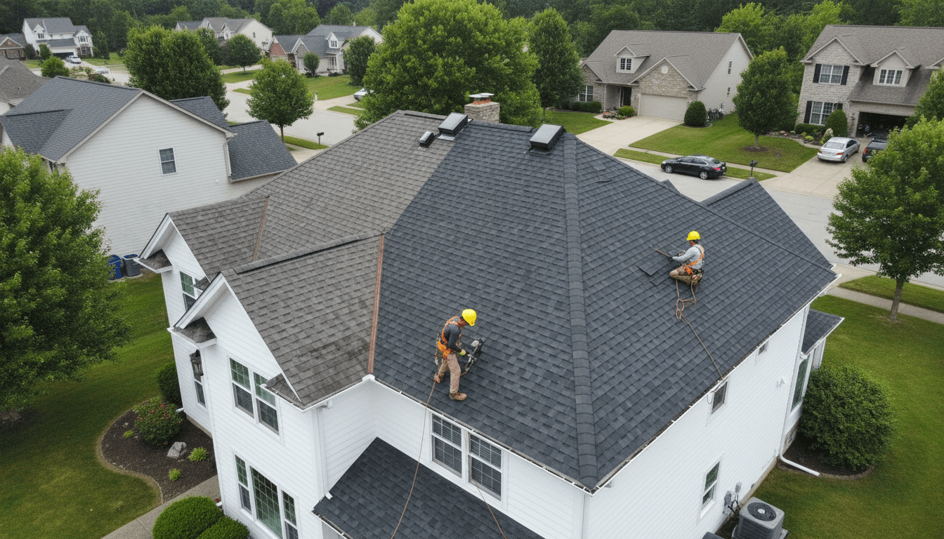 Aerial drone view of house roof and chimney inspection