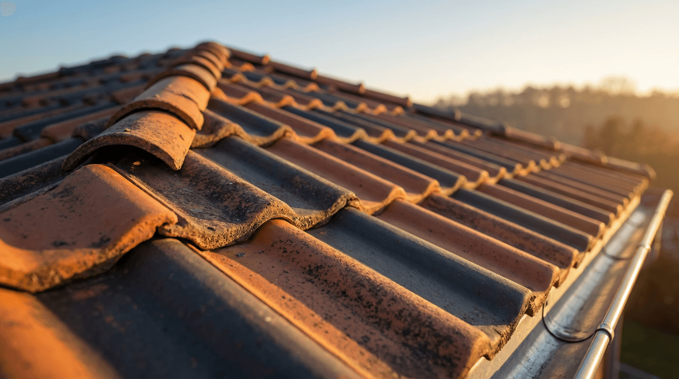 Aerial drone view of residential roof inspection