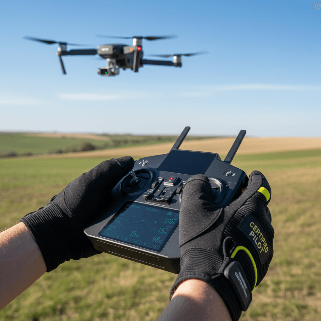 Drone pilot operating equipment during professional roof inspection